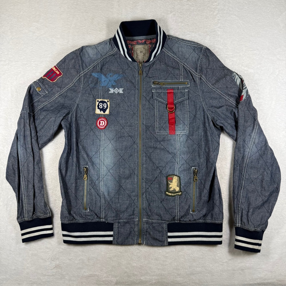 Double D Ranch Blue Quilted Denim Bomber Jacket Western Patches L